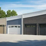 Four modern garage doors of different colors—beige, white, blue, and dark brown—are lined up side by side under a clear blue sky. The garage structures are simple with flat roofs, and trees are visible in the background and keyword is Amarr Garage Doors Reviews