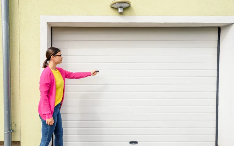 A person wearing a pink cardigan and jeans points a remote at a closed white garage door. The background is a light-colored wall with a small security light above the door.