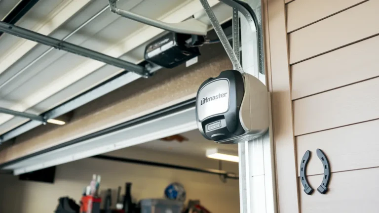 A garage door partially open with a Chamberlain Liftmaster opener mounted on the side. The interior shows storage items. A decorative horseshoe is attached to the wall near the opener.